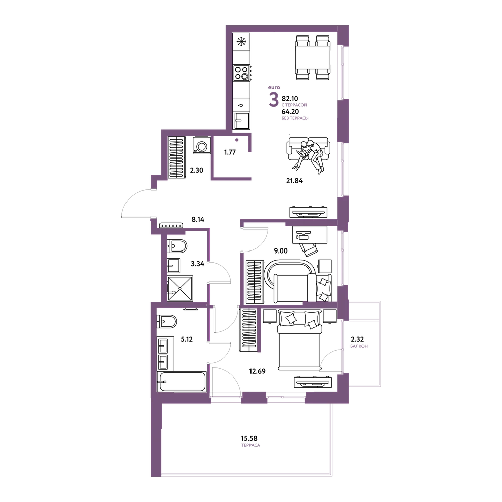 Планировка: Евротрёшка 82,1 м²
