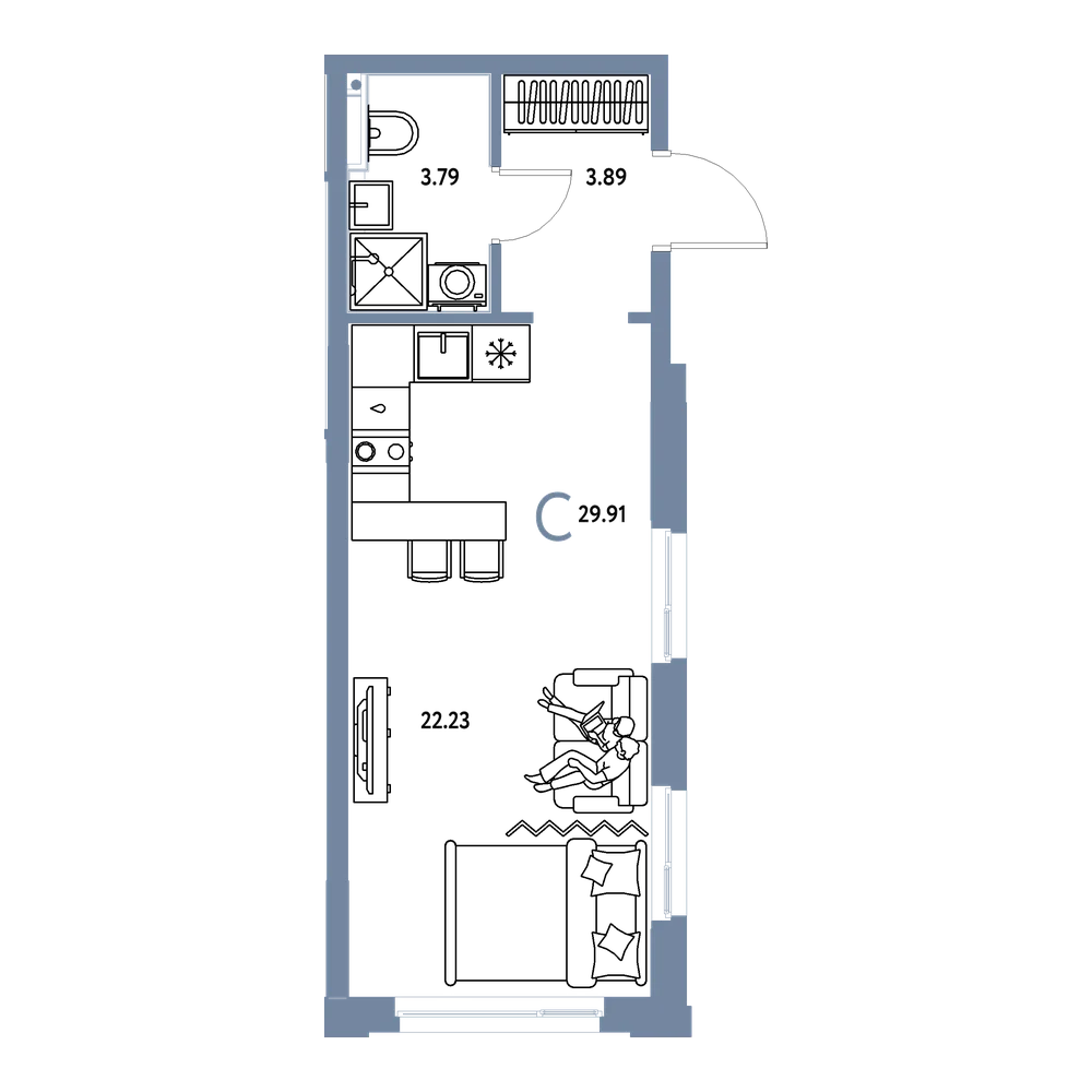 Планировка: Студия 29,91 м²