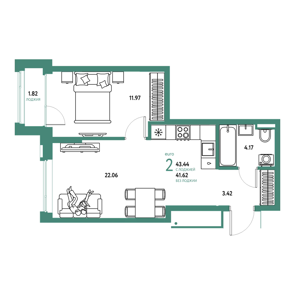 Планировка: Евродвушка 43,44 м²