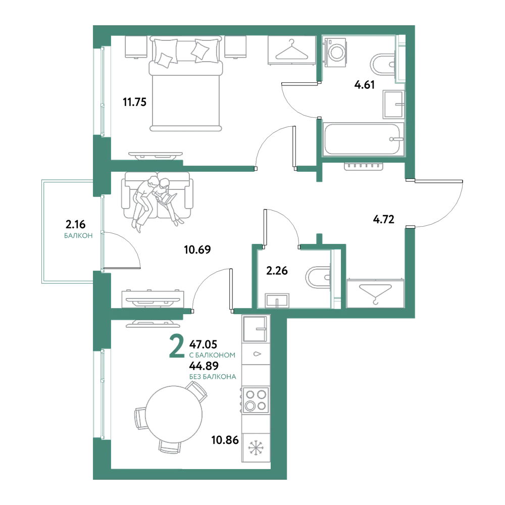 Планировка: 2-комнатная 47,05 м²