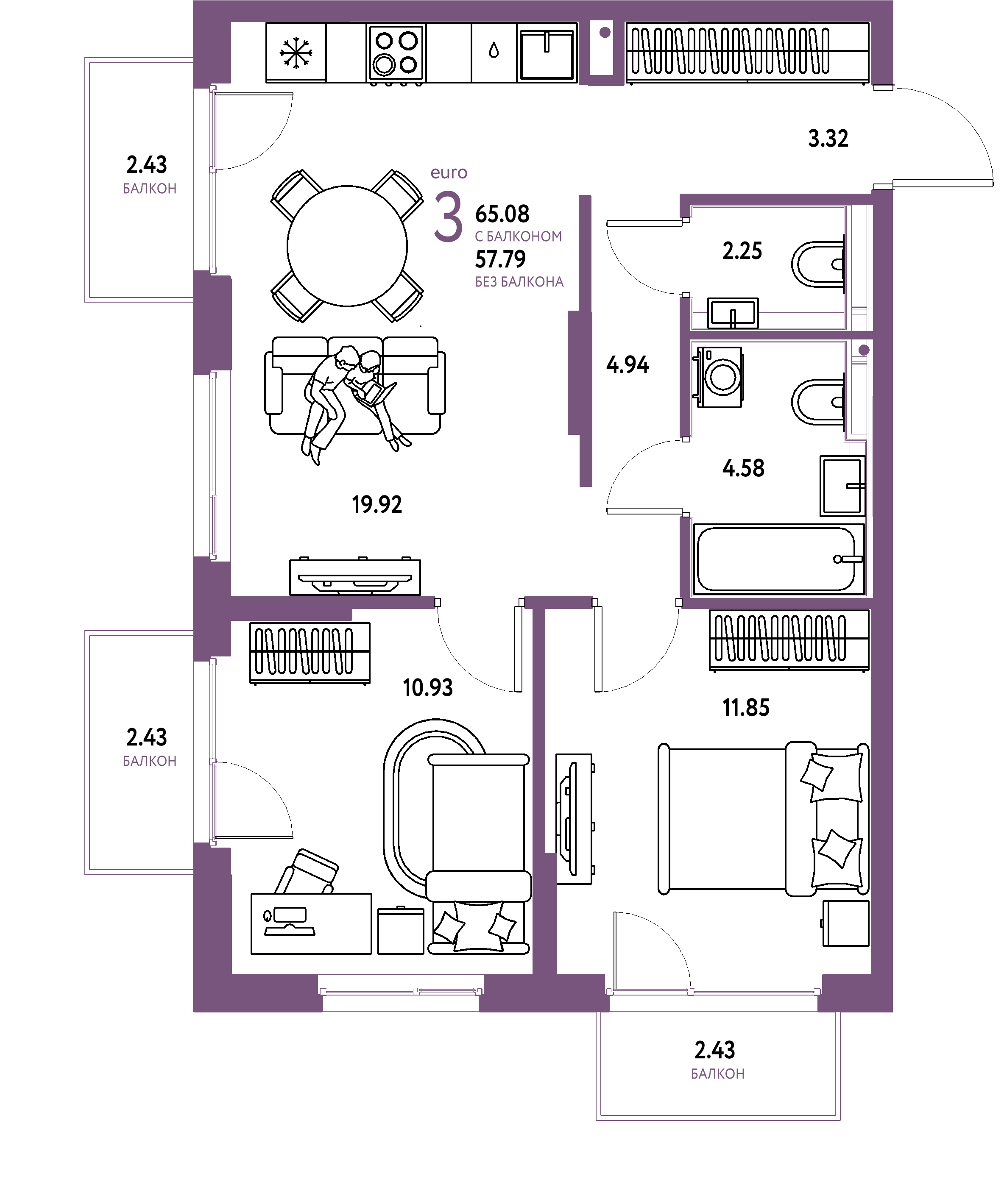 Планировка: Евротрёшка 65,08 м² в ЖК «Сердце Сибири»