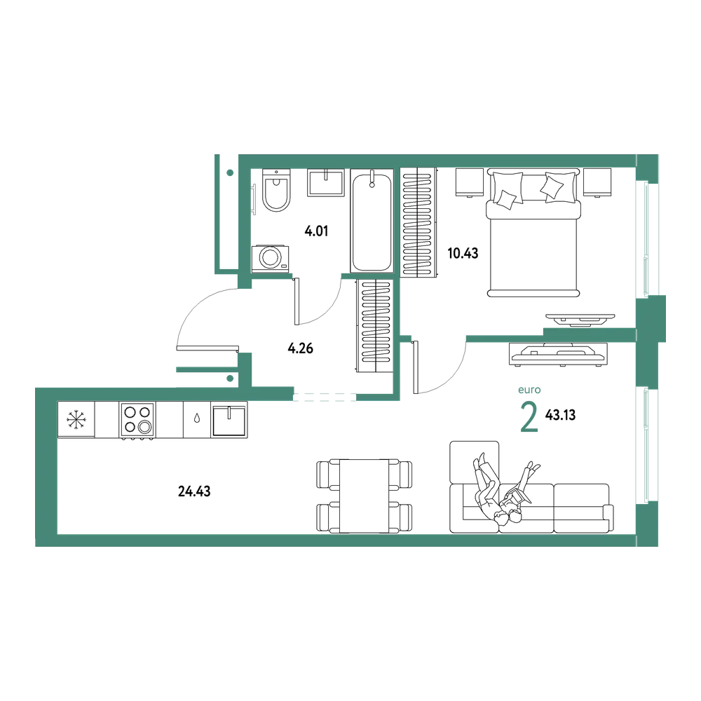 Планировка: Евродвушка 43,13 м²