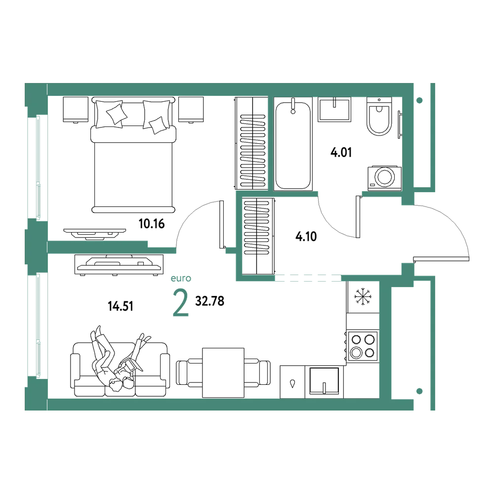Планировка: Евродвушка 32,78 м²