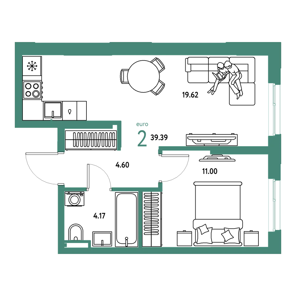 Планировка: Евродвушка 39,39 м²