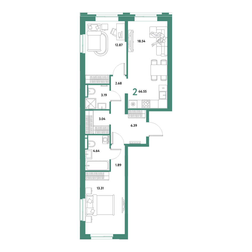 Планировка: Евродвушка 66,55 м²