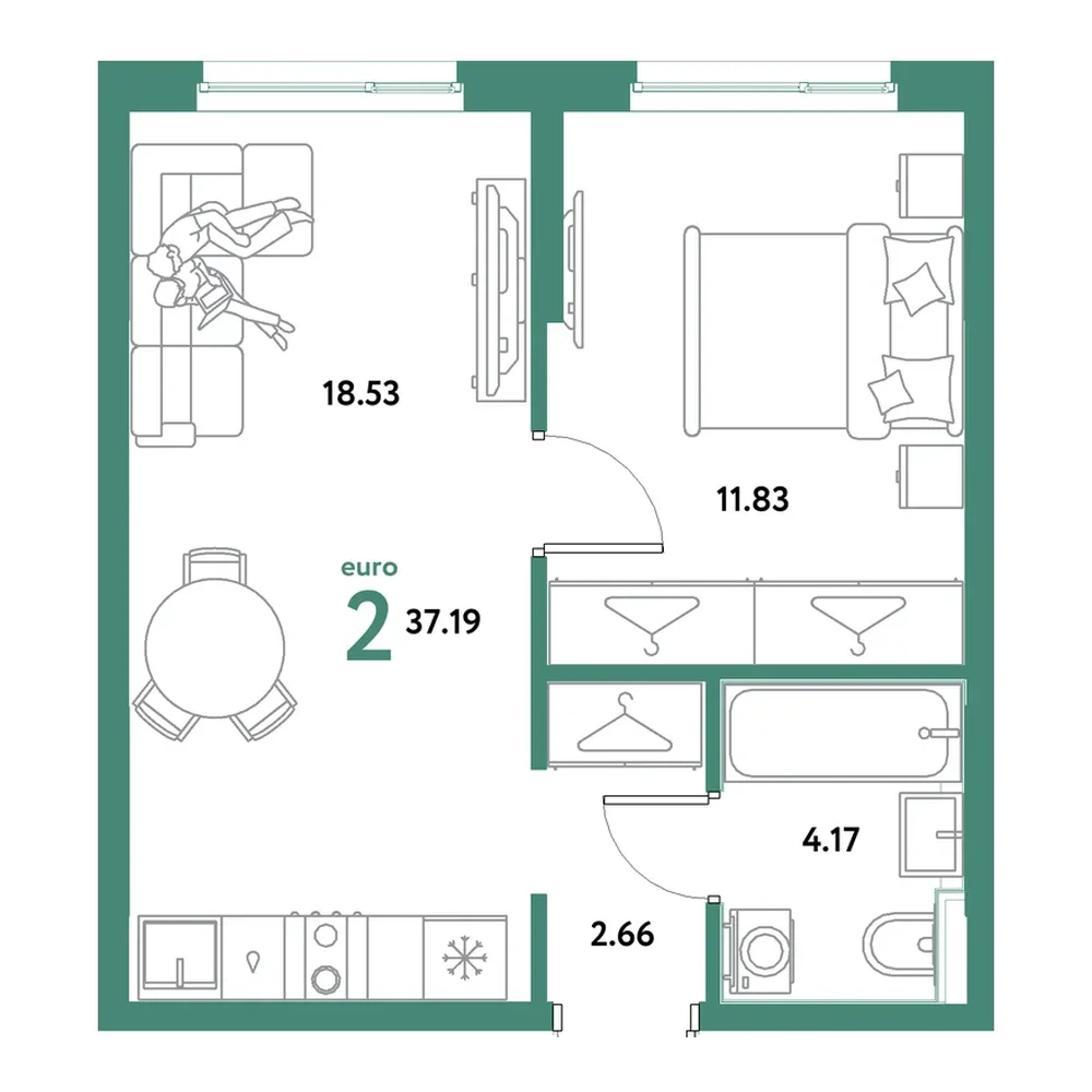 Планировка: Евродвушка 37,19 м²