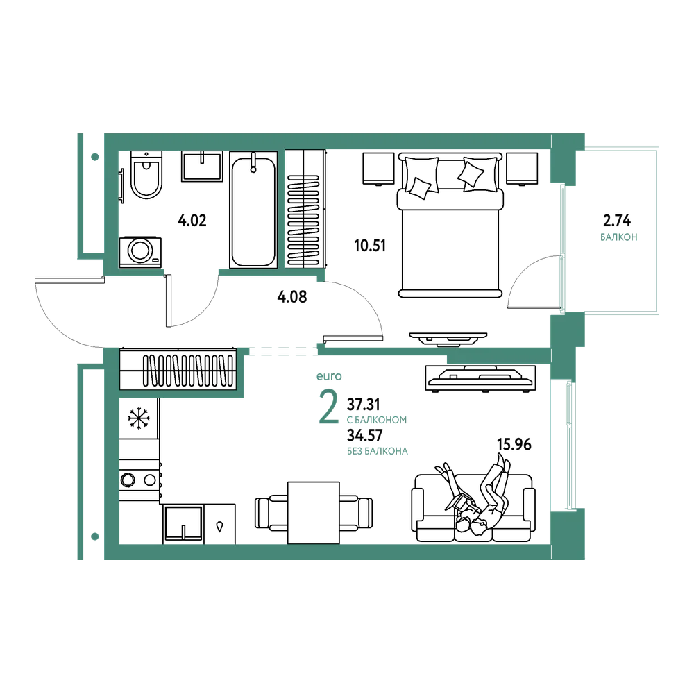 Планировка: Евродвушка 37,31 м²