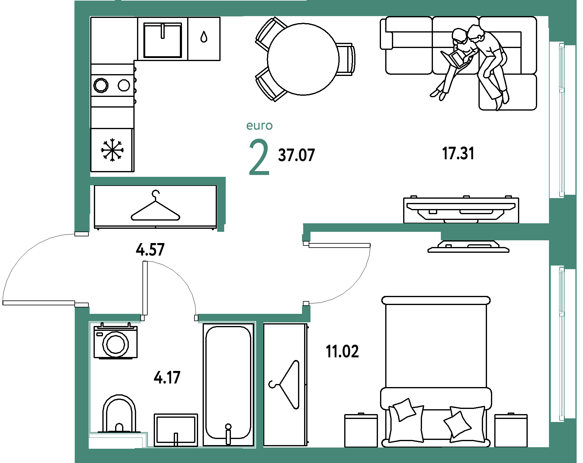 Планировка: Евродвушка 37,07 м² в ЖК «Европейский берег 2.0»