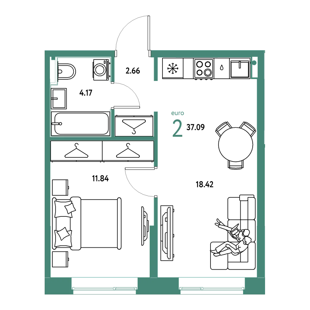 Планировка: Евродвушка 37,09 м²