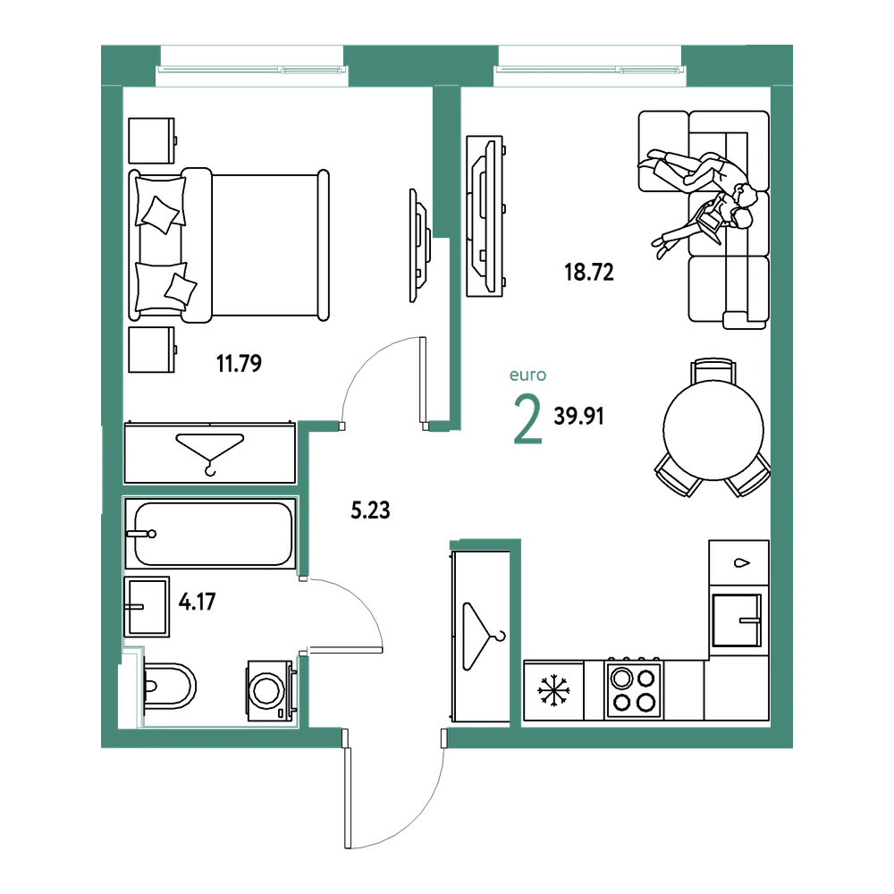 Планировка: Евродвушка 39,91 м²