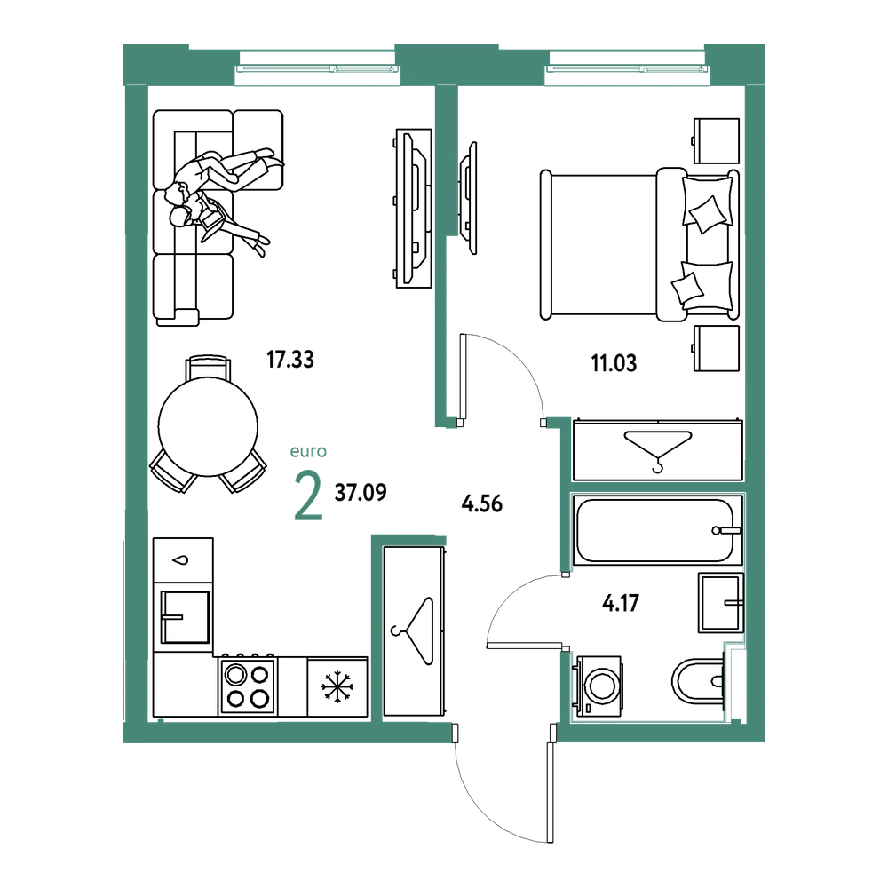 Планировка: Евродвушка 37,09 м²