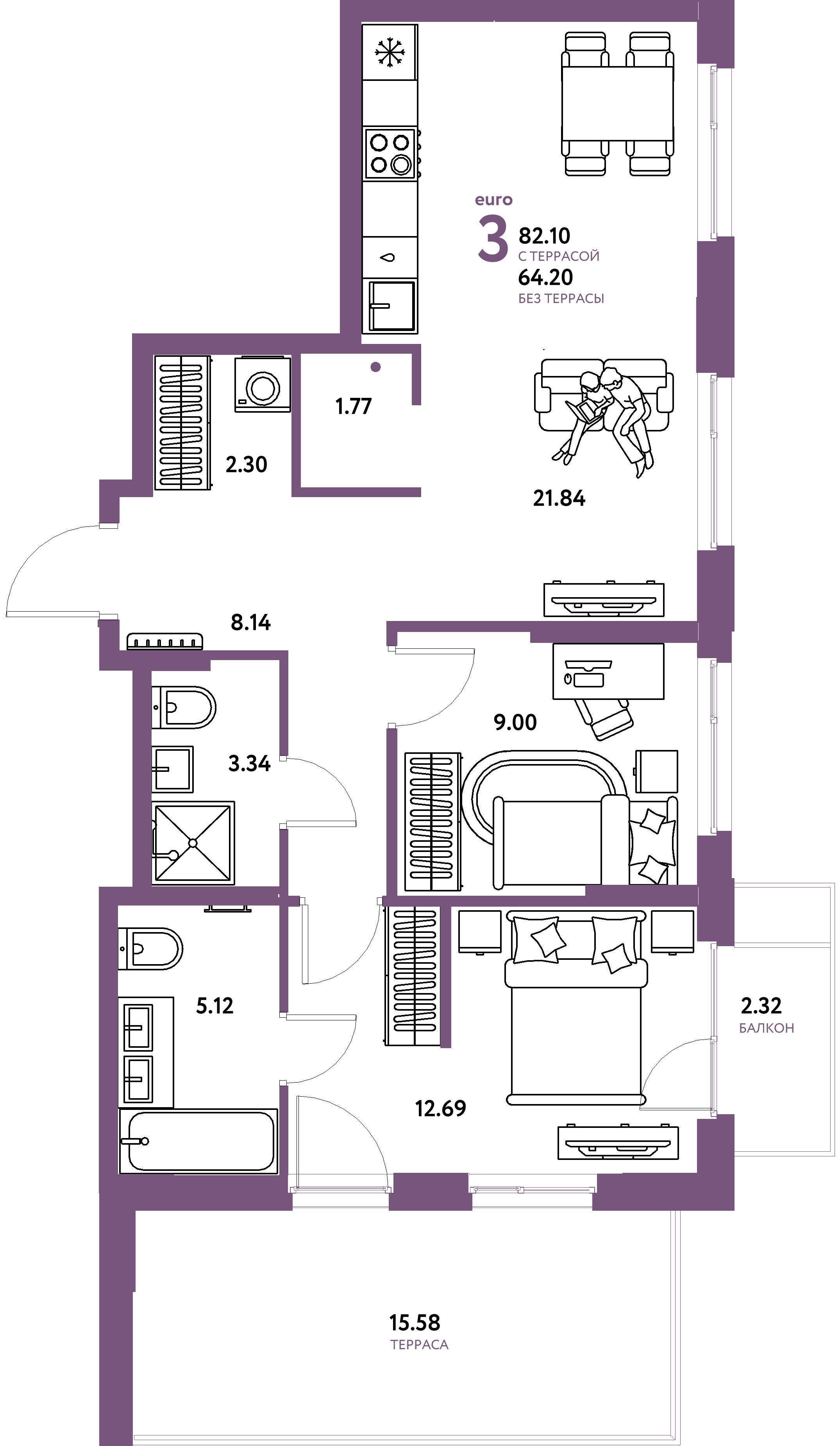 Планировка: Евротрёшка 82,1 м² в ЖК «Европейский берег 2.0»
