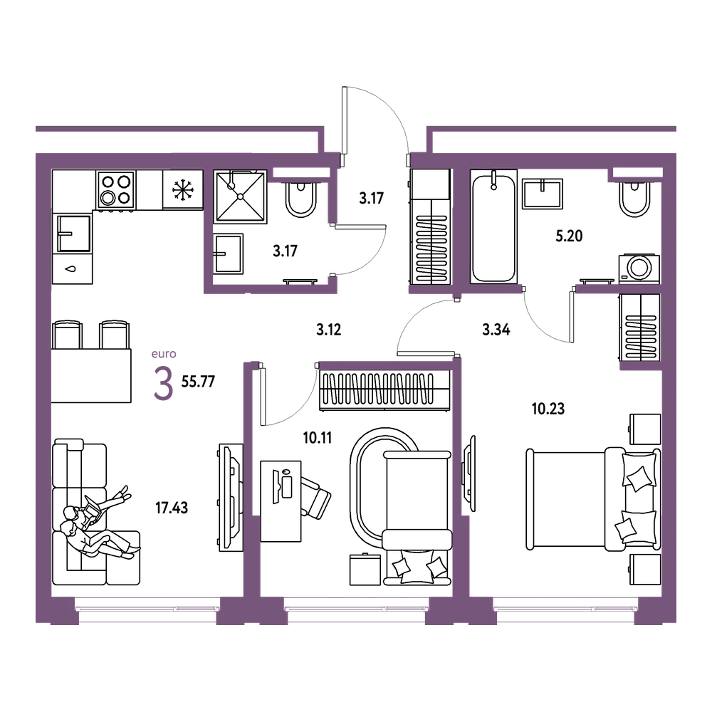 Планировка: Евротрёшка 55,77 м²