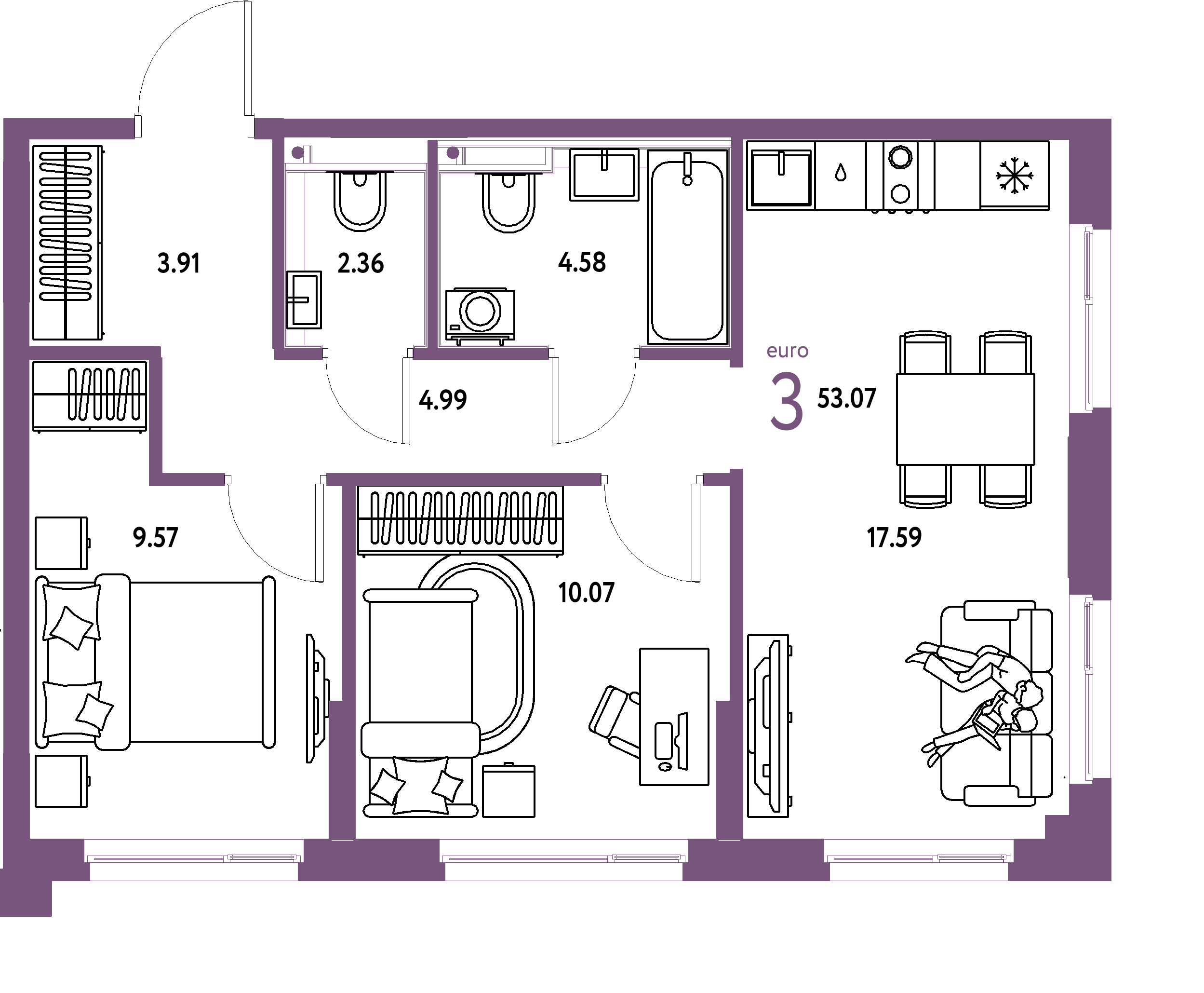 Планировка: Евротрёшка 53,07 м² в ЖК «Сердце Сибири»