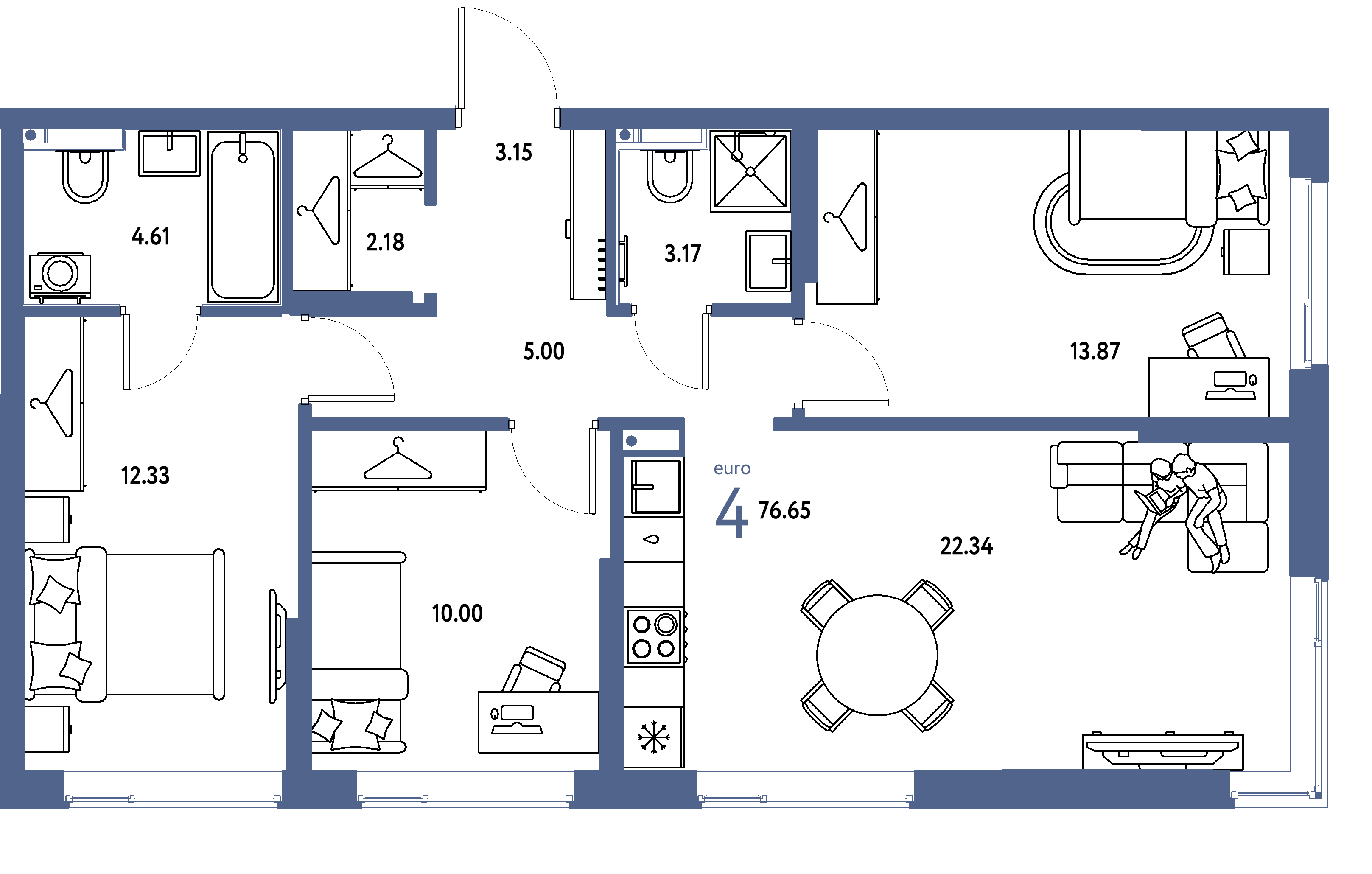 Планировка: Евро-4 76,65 м² в ЖК «Страна.Прибрежная»