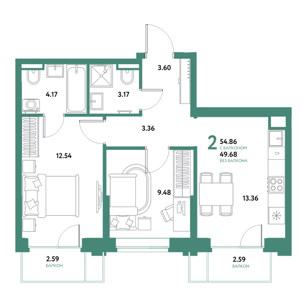 Планировка: 2-комнатная 54,86 м²
