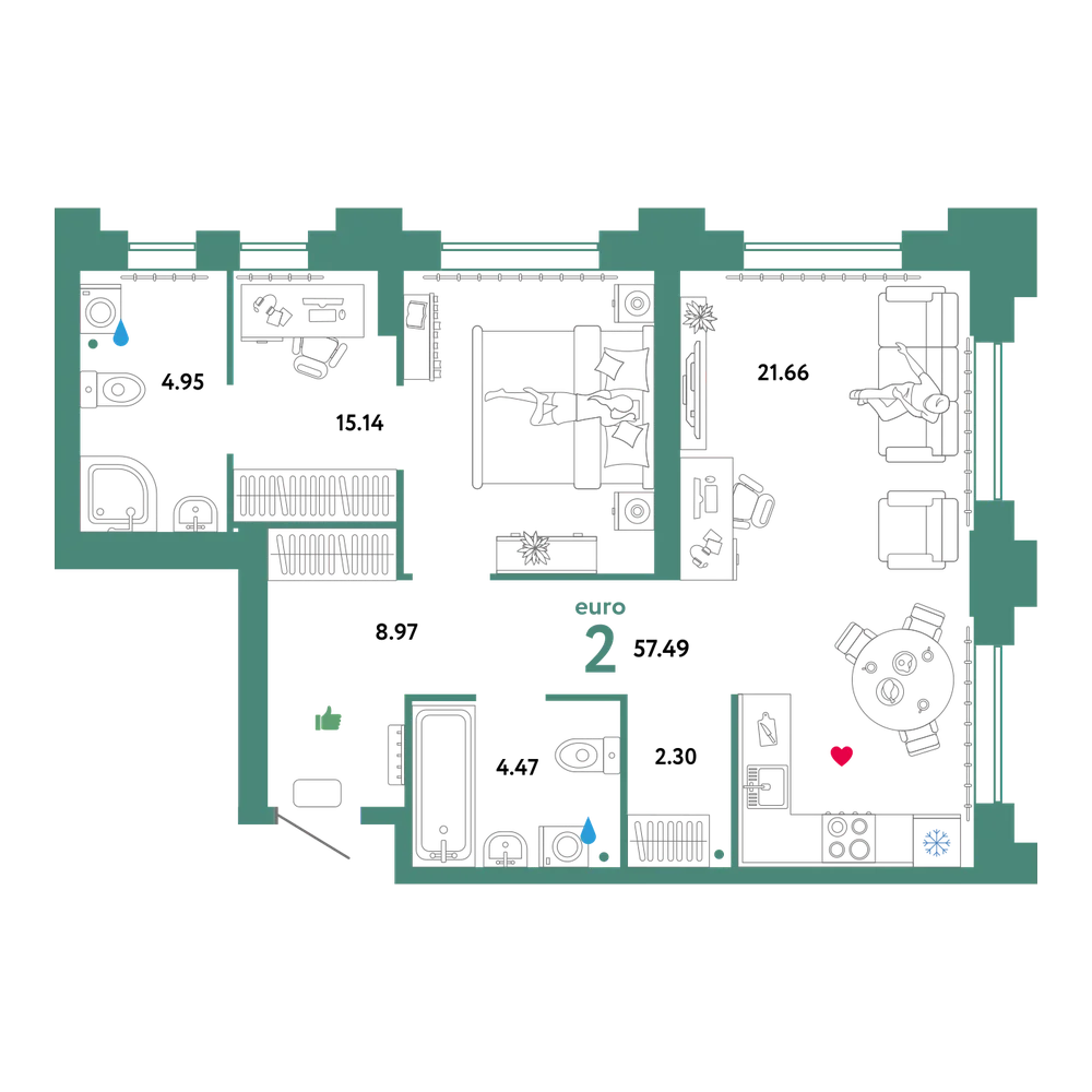 Планировка: Евродвушка 57,51 м²