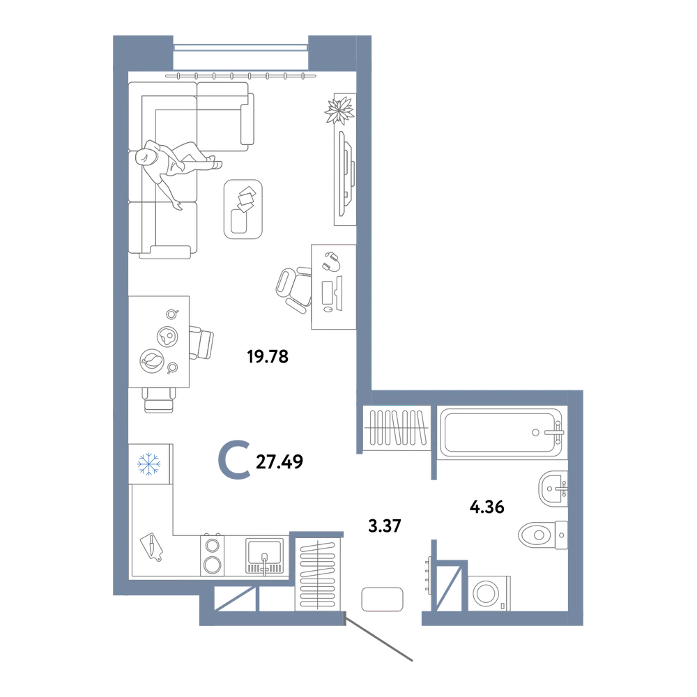 Планировка: Студия 27,49 м²