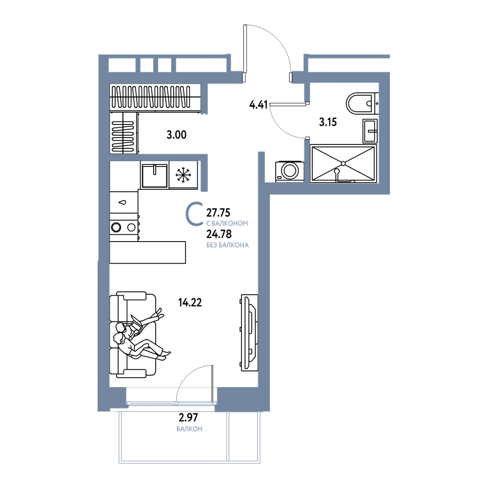 Планировка: Студия 27,75 м²