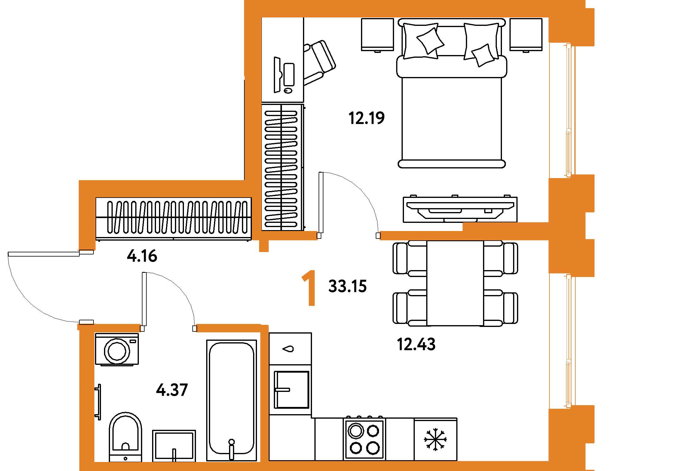 Планировка: 1-комнатная 33,15 м² в ЖК «Европейский берег 2.0»