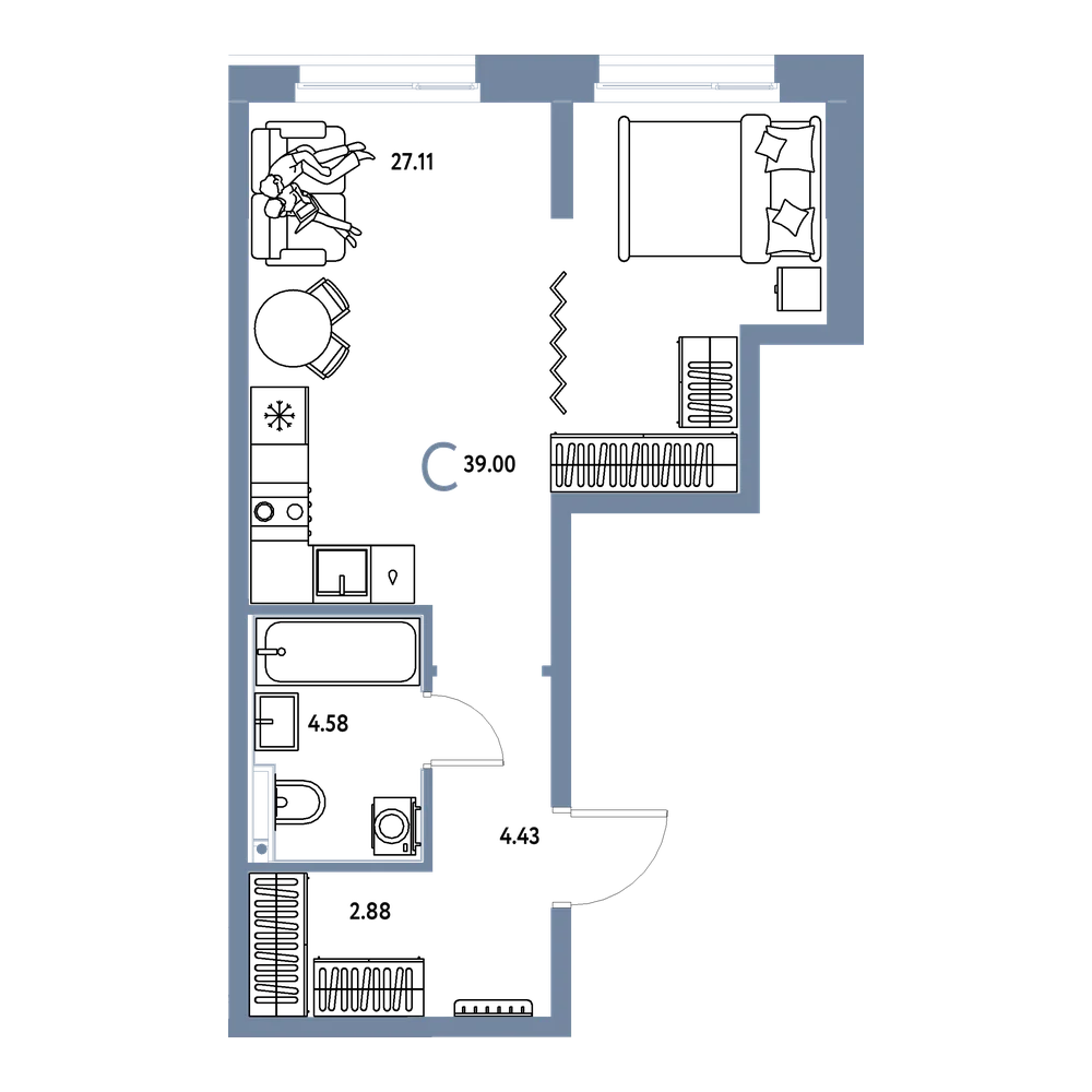 Планировка: Студия 39 м²