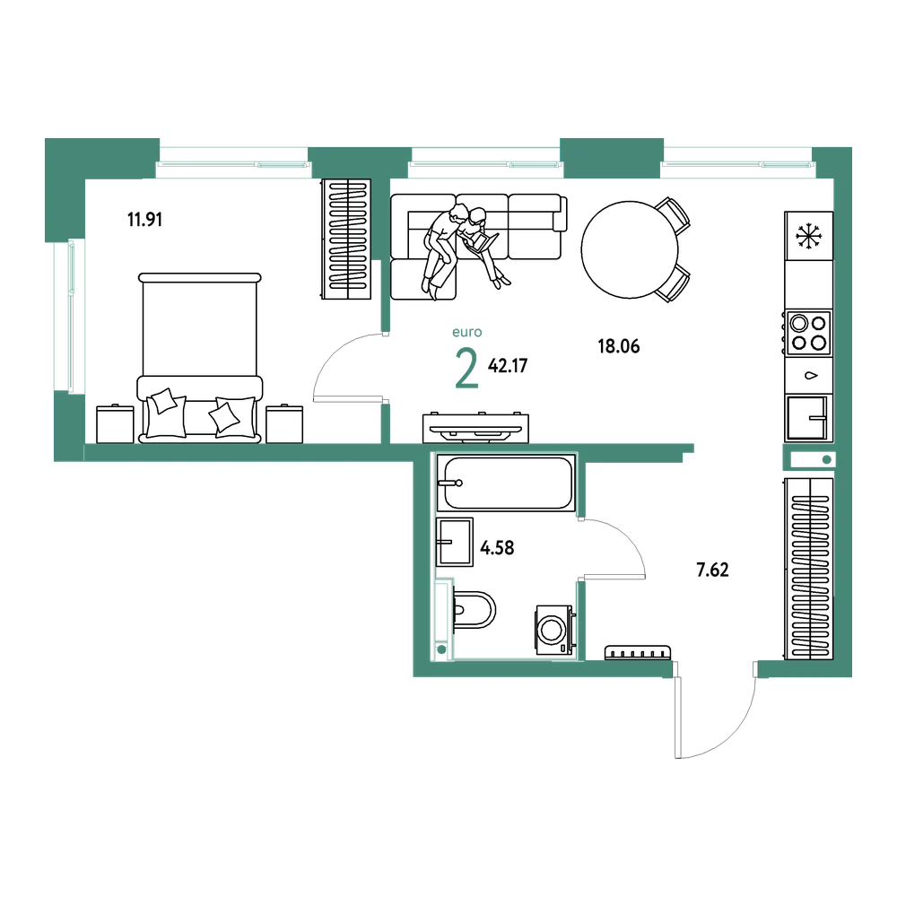 Планировка: Евродвушка 42,17 м²