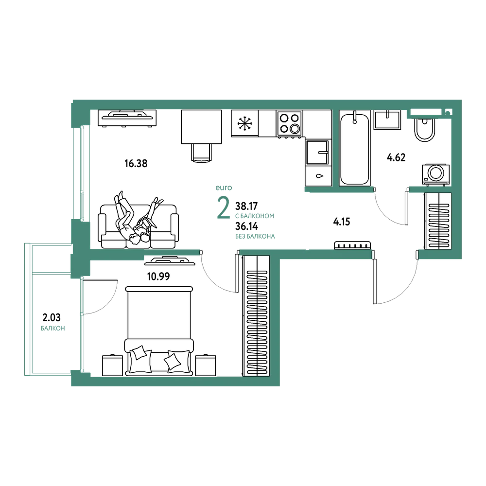 Планировка: Евродвушка 38,17 м²