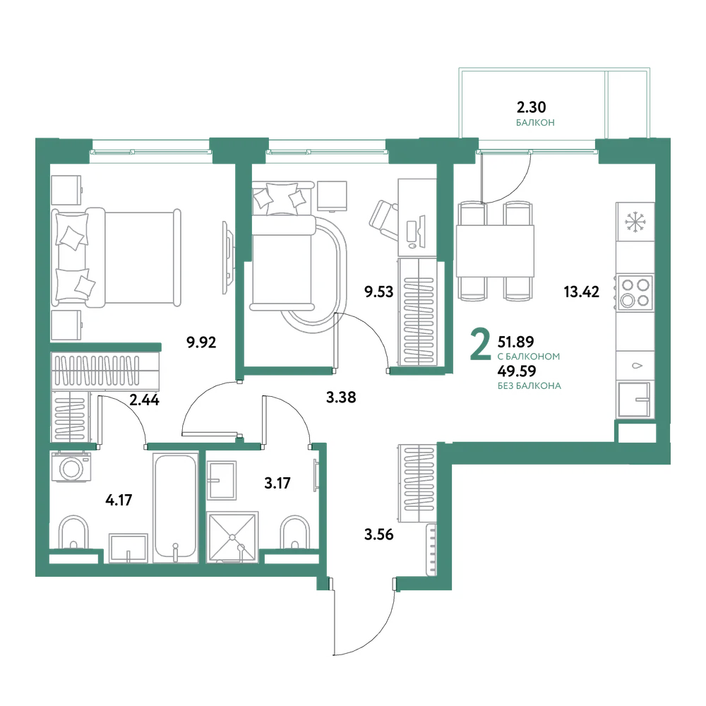 Планировка: 2-комнатная 51,89 м²