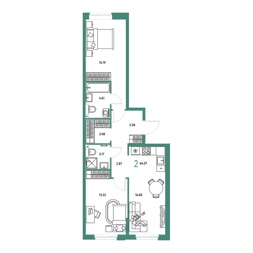 Планировка: 2-комнатная 64,37 м²