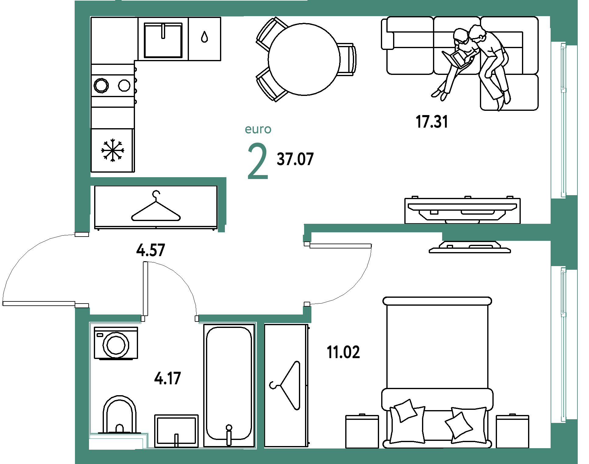 Планировка: Евродвушка 37,07 м² в ЖК «Европейский берег 2.0»