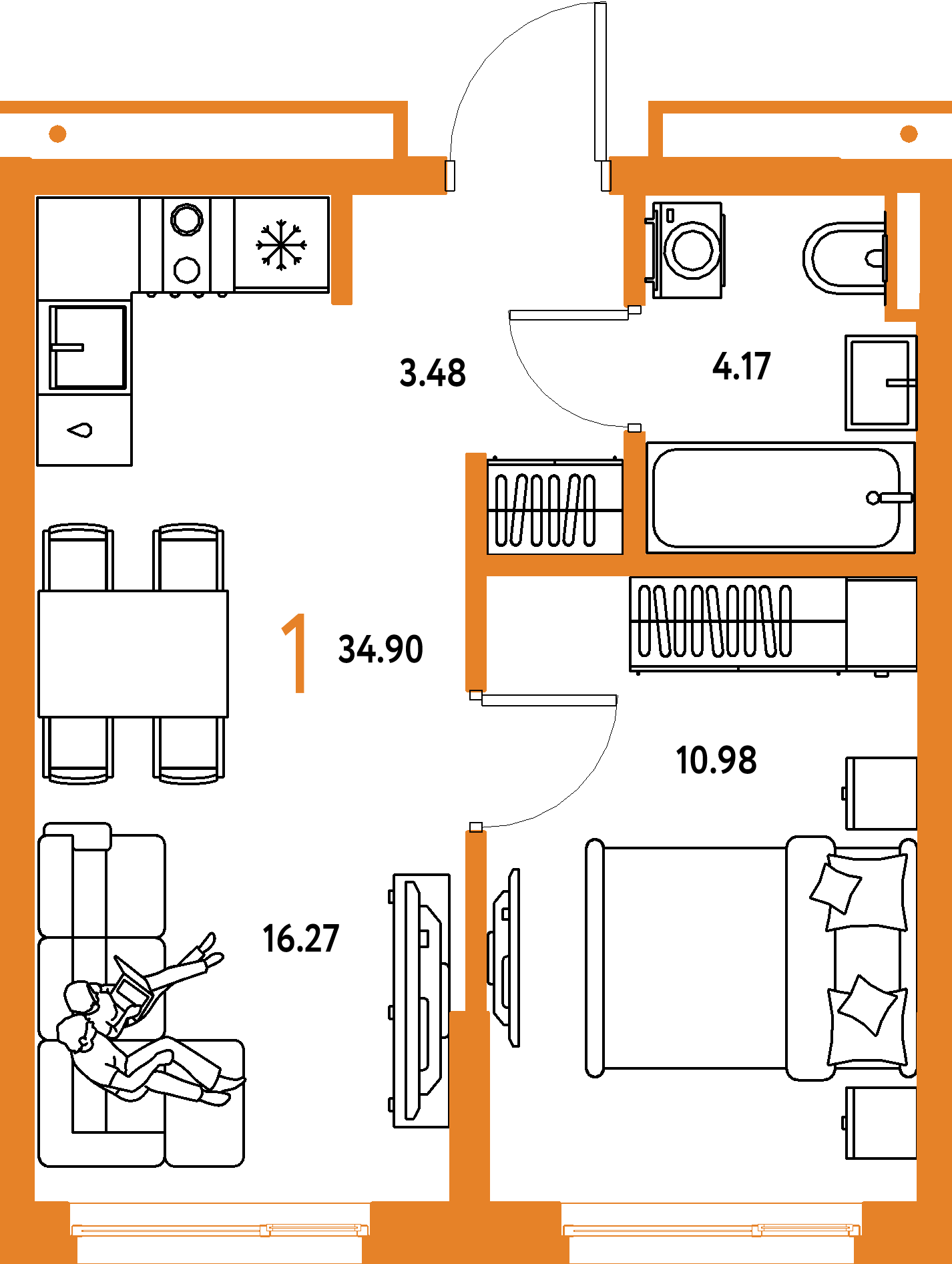 Планировка: 1-комнатная 34,9 м² в ЖК «Страна.Прибрежная»