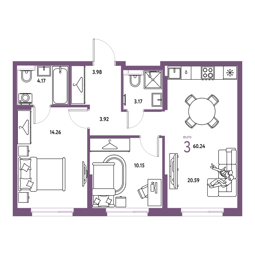 Планировка: Евротрёшка 60,24 м²
