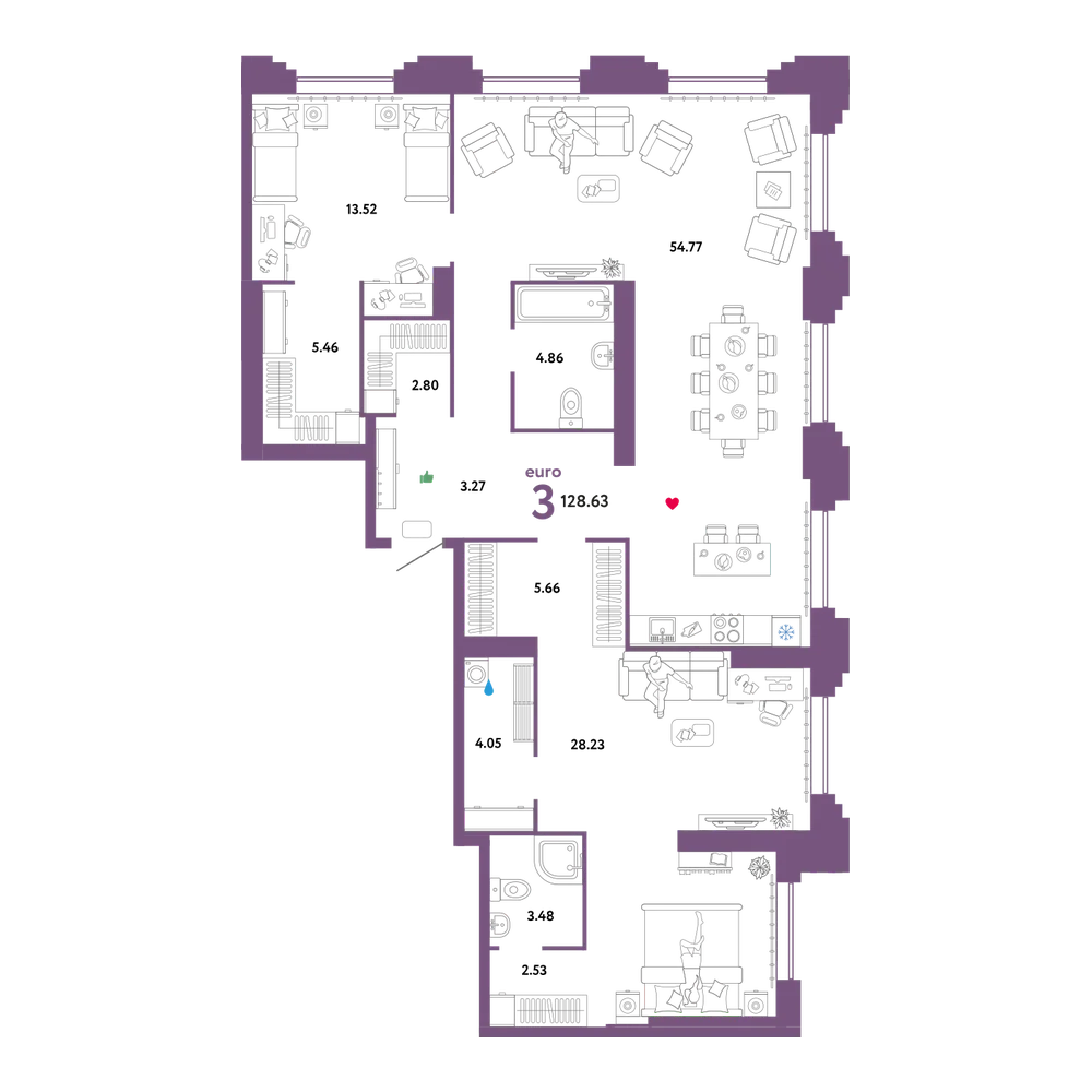 Планировка: Евротрёшка 128,63 м²
