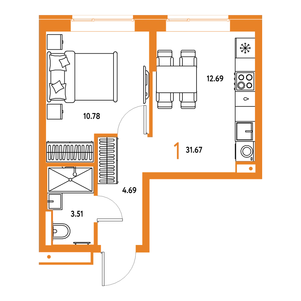 Планировка: 1-комнатная 31,67 м²