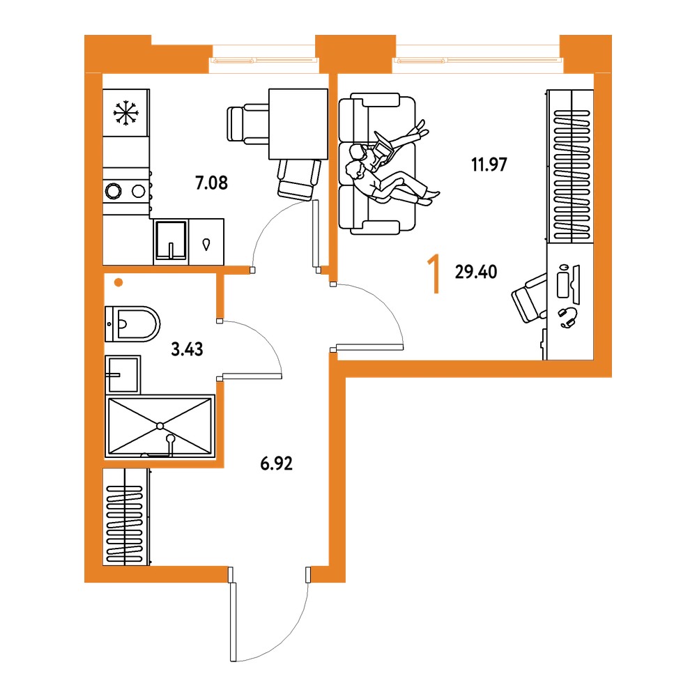 Планировка: 1-комнатная 29,4 м²