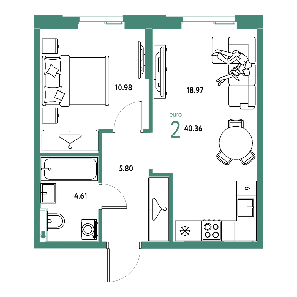 Планировка: Евродвушка 40,36 м²