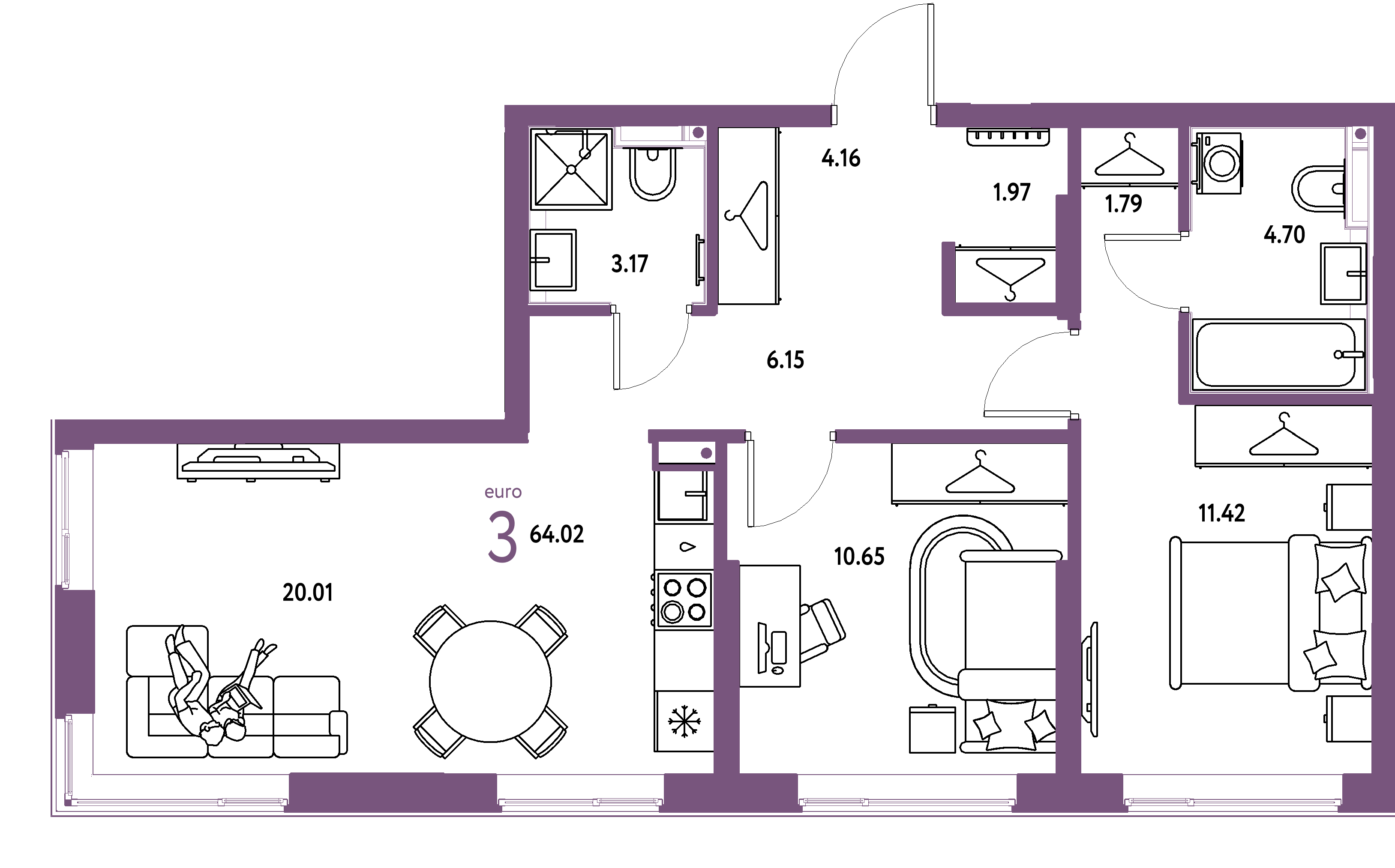 Планировка: Евротрёшка 64,02 м² в ЖК «Страна.Прибрежная»