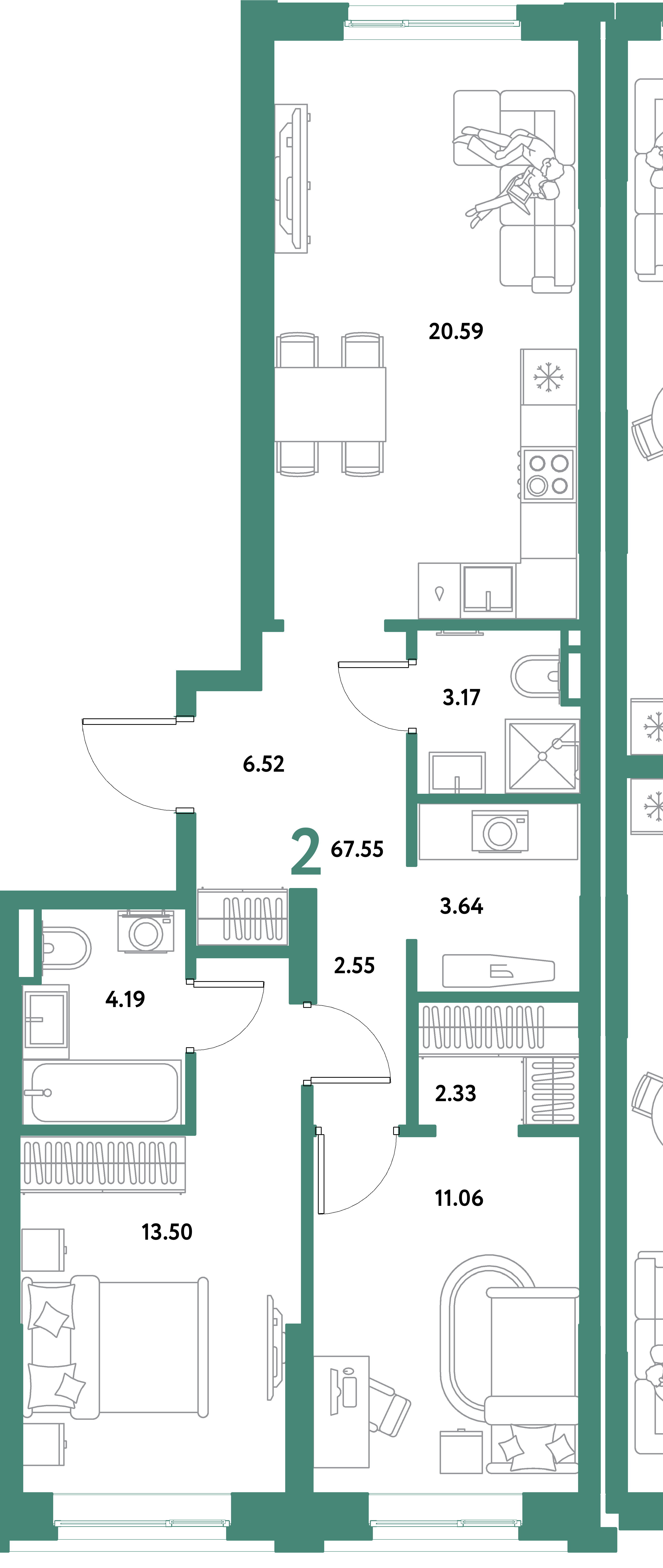 Планировка: 2-комнатная 67,55 м² в ЖК «Остров-сад»