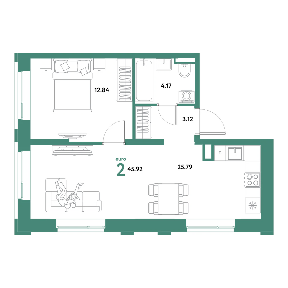 Планировка: Евродвушка 45,92 м²