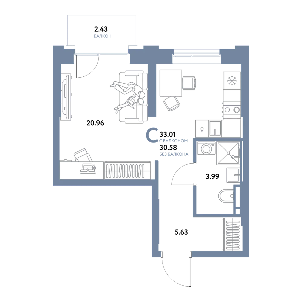 Планировка: Студия 33,01 м²