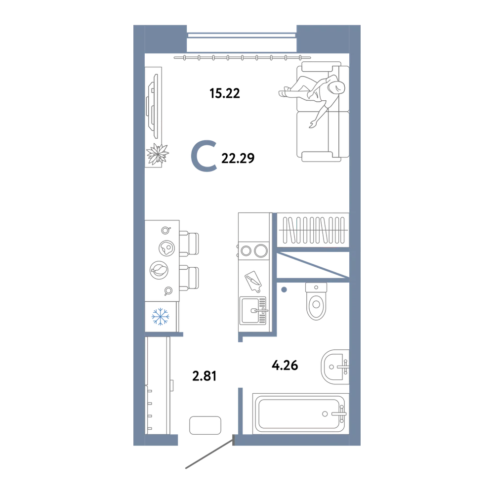Планировка: Студия 22,29 м²