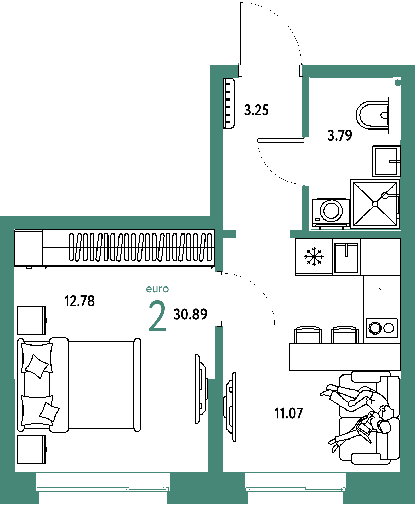 Планировка: Евродвушка 30,89 м² в ЖК «Остров-сад»