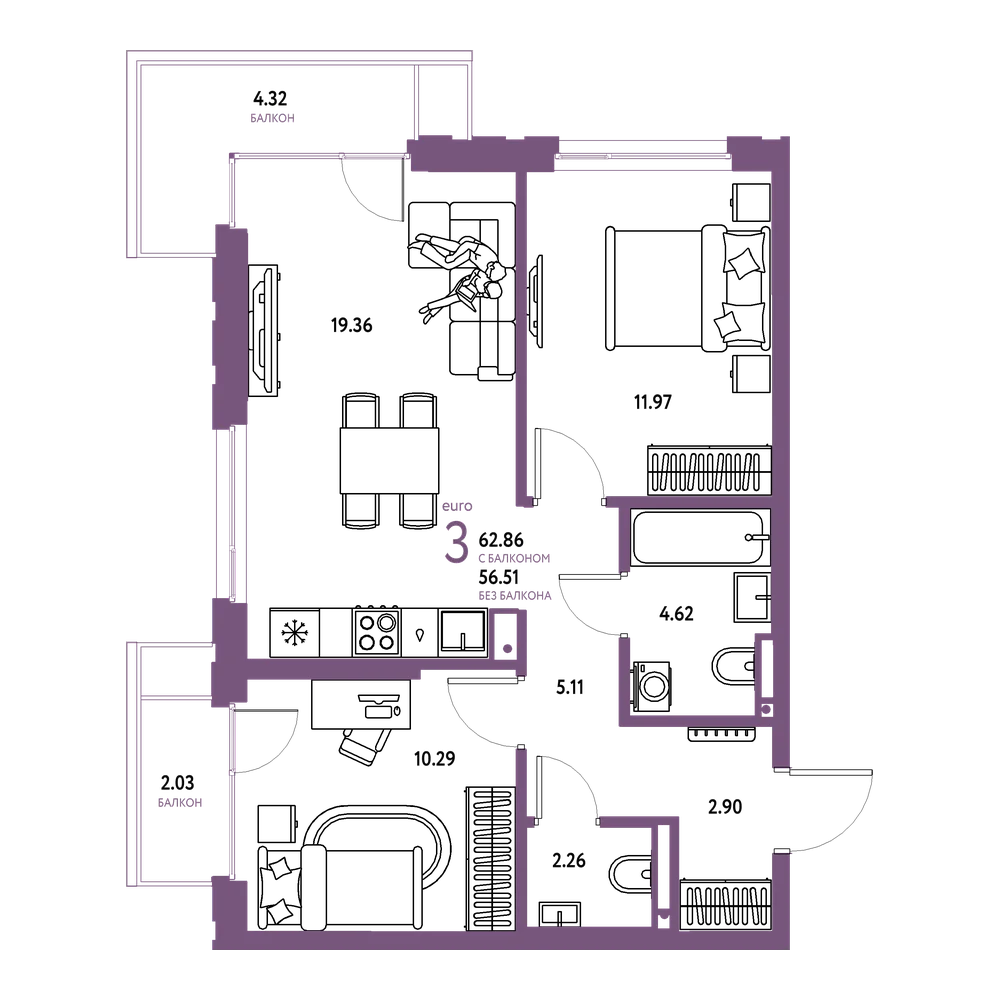Планировка: Евротрёшка 62,86 м²