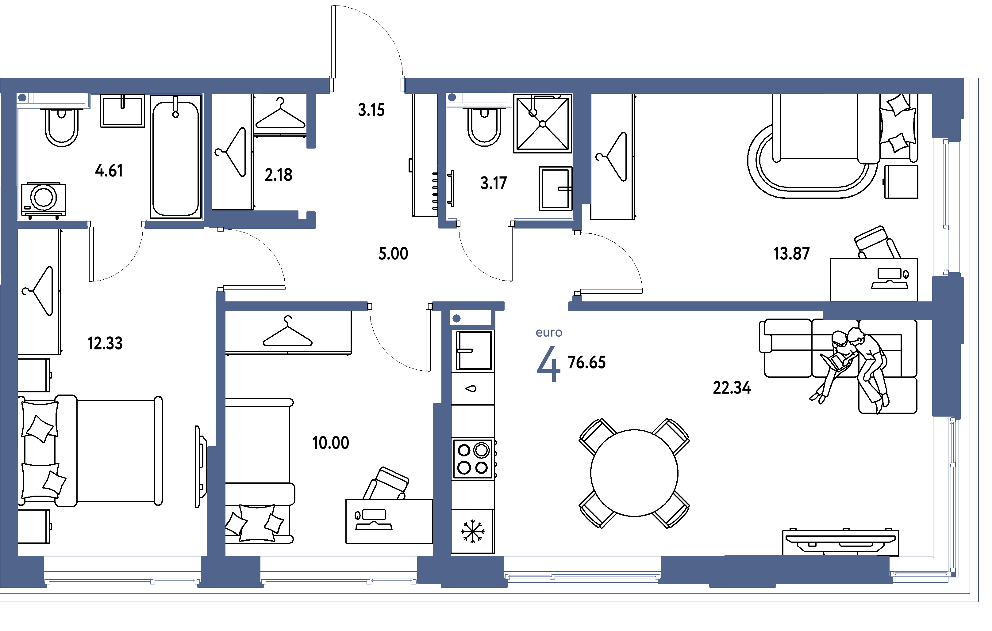 Планировка: Евро-4 76,65 м² в ЖК «Страна.Прибрежная»