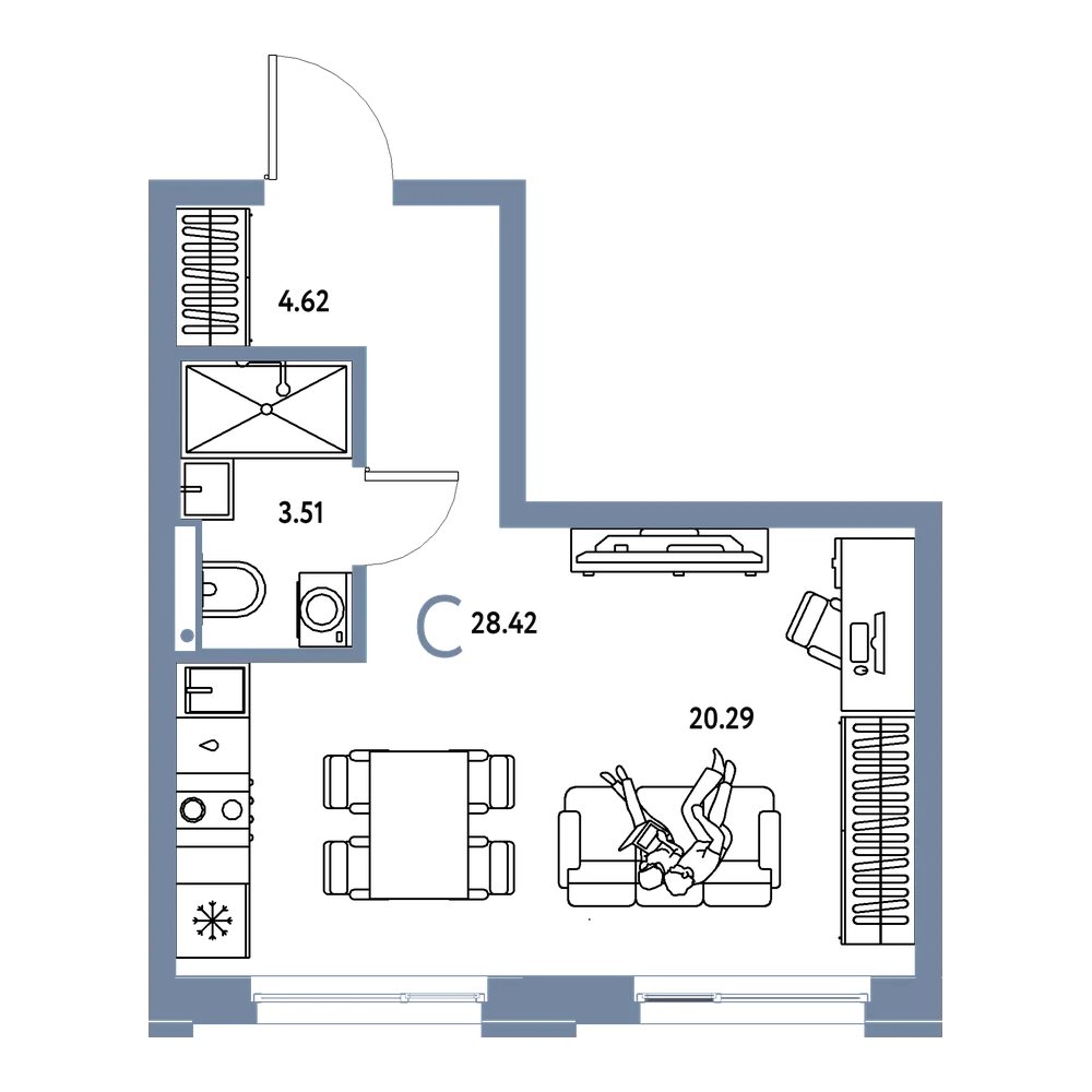 Планировка: Студия 28,42 м²