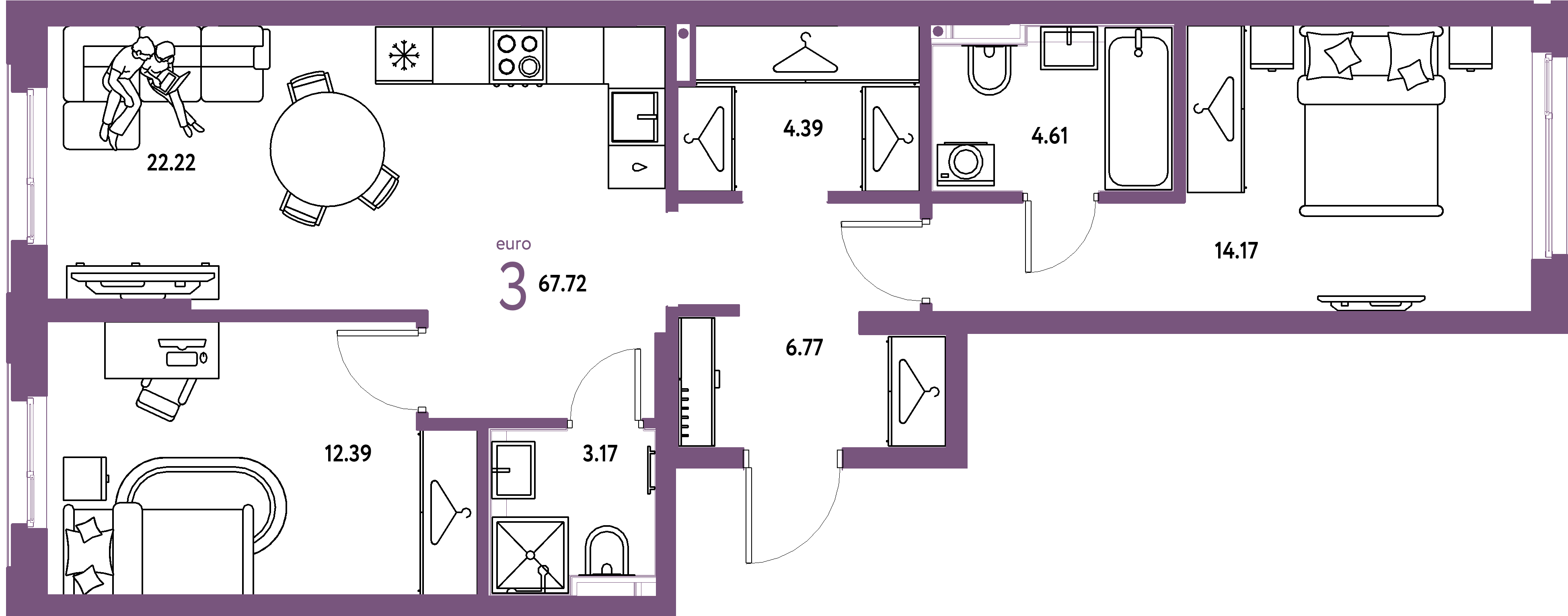 Планировка: Евротрёшка 67,72 м² в ЖК «Страна.Прибрежная»