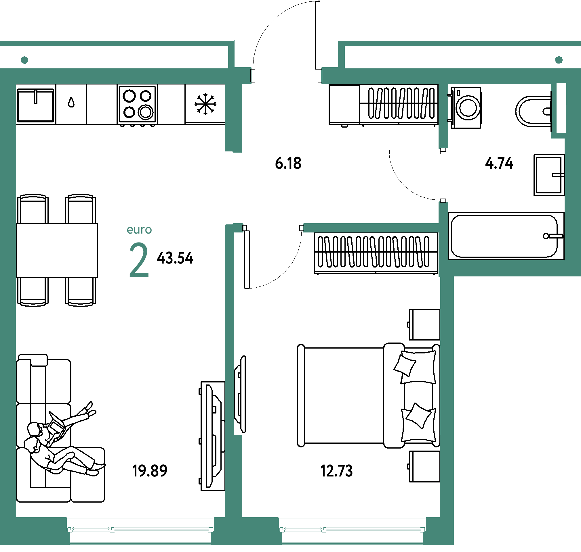 Планировка: Евродвушка 43,54 м² в ЖК «Страна.Прибрежная»