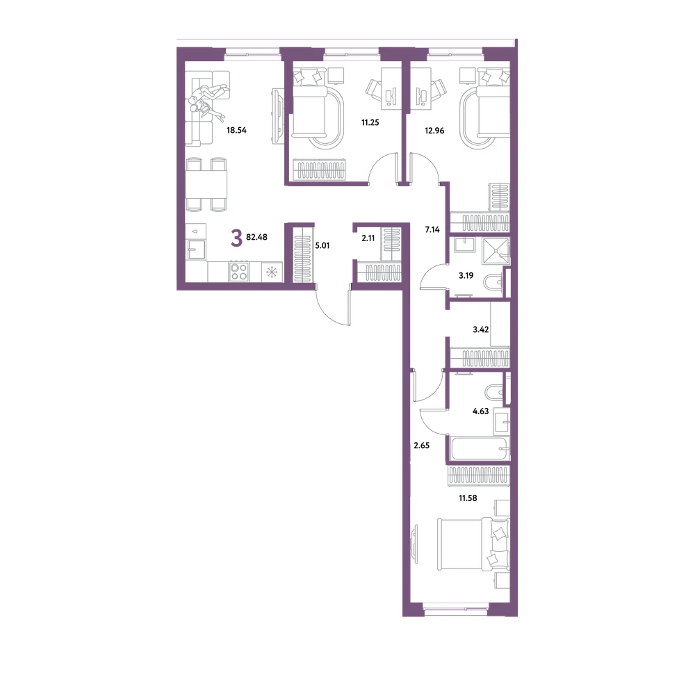 Планировка: 3-комнатная 82,48 м²