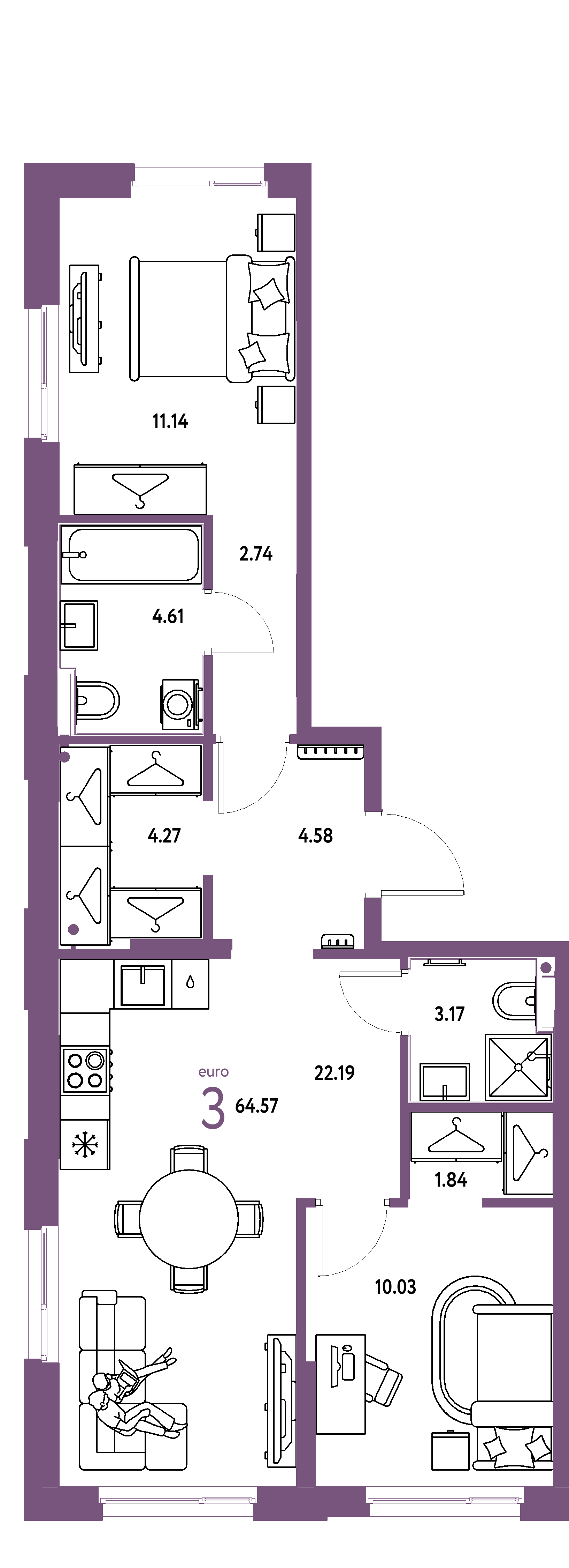 Планировка: Евротрёшка 64,57 м² в ЖК «Европейский берег 2.0»