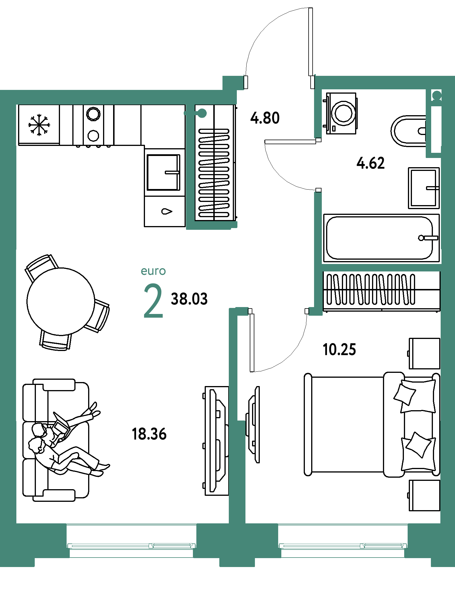 Планировка: Евродвушка 38,03 м² в ЖК «Остров-сад»